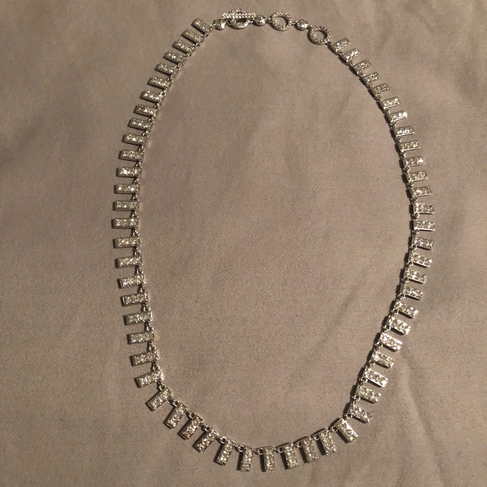 henri bendel silver crystal rectangular fringe necklace